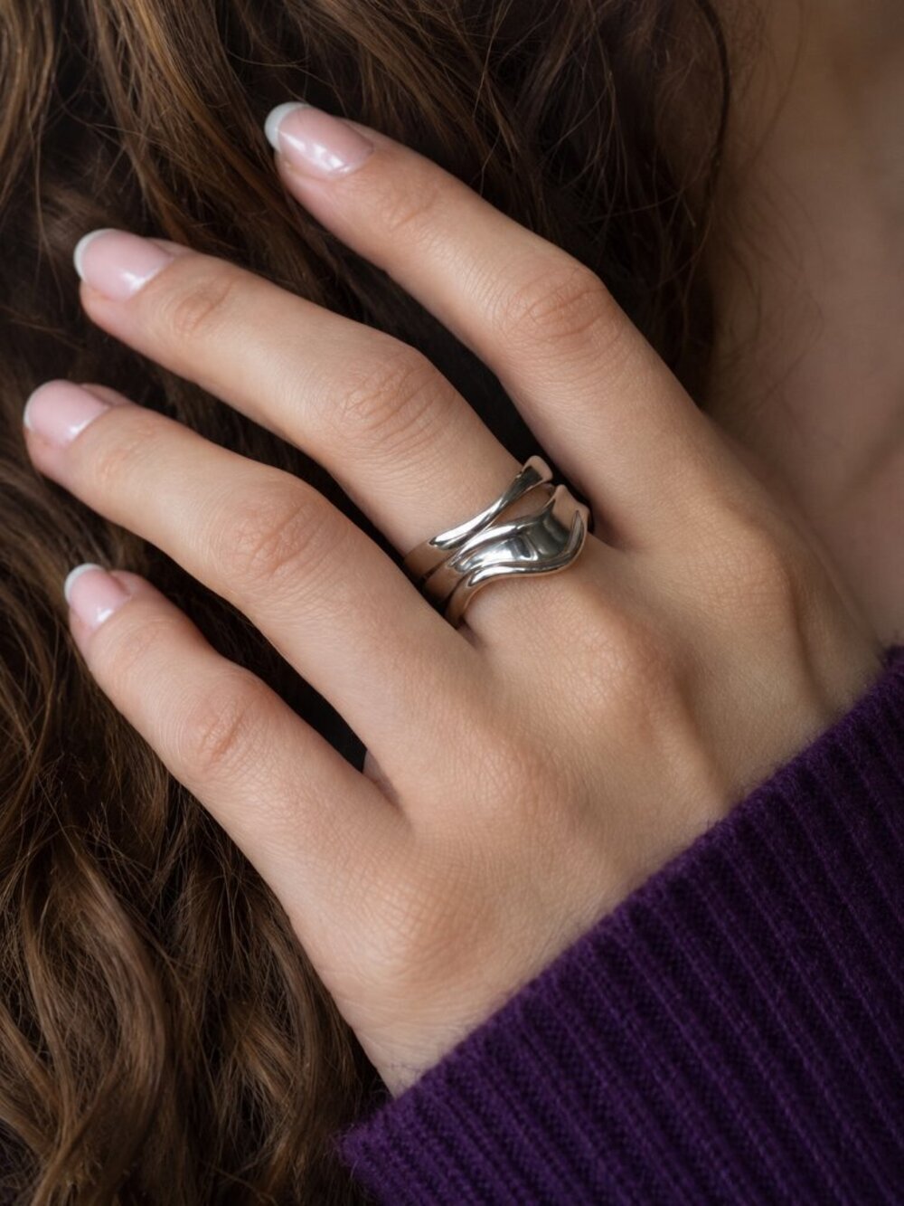 18K White Gold Plated Stainless Steel Open Wave Ring Minimalist Adjustable 7-9 - Picture 9 of 14